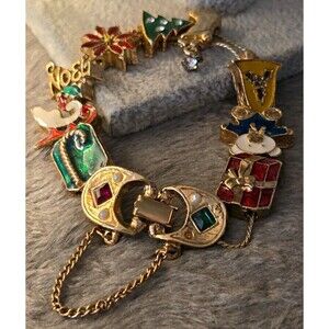 Christmas Holiday Gold-Tone Rope Chain Slider Enamel Charm Bracelet Safety chain